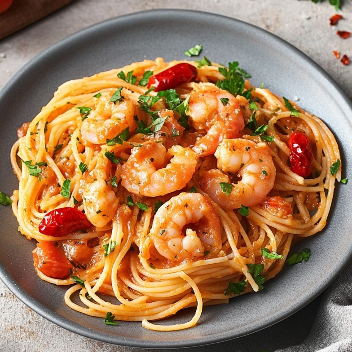 Spaghetti mit Garnelen und Tomaten-Sahnesauce