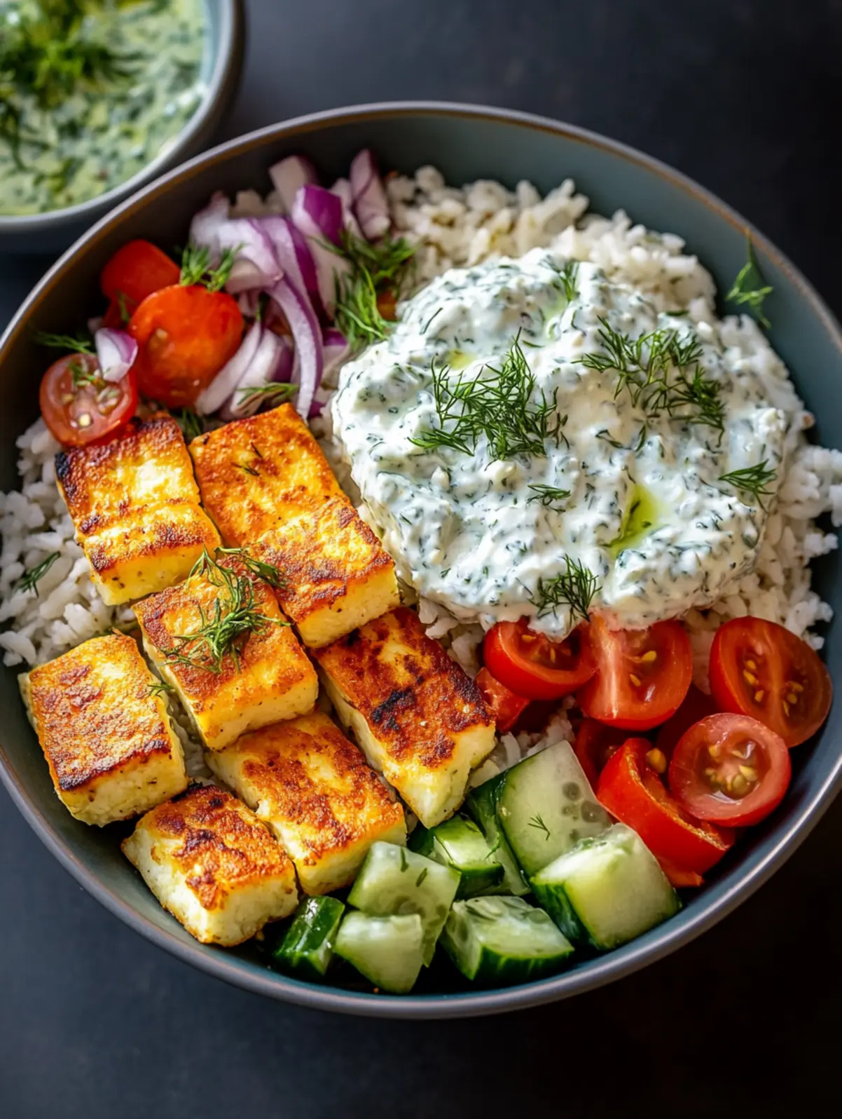 Halloumi Bowl mit Reis und Tzatziki